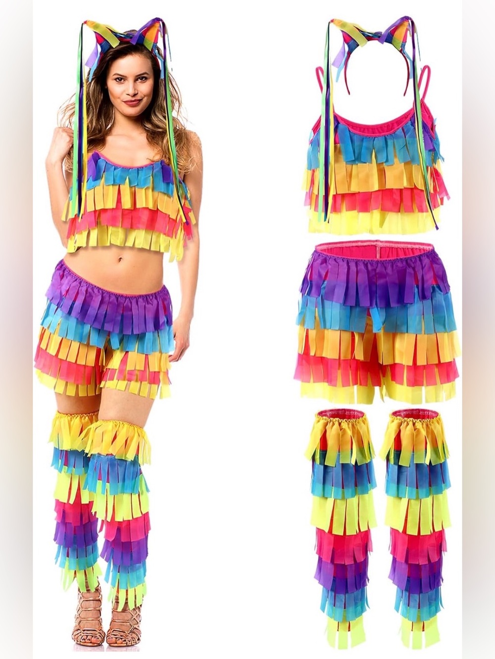 Pinata Halloween Costume for Women Multicolor Headband Leg Warmers Short Set